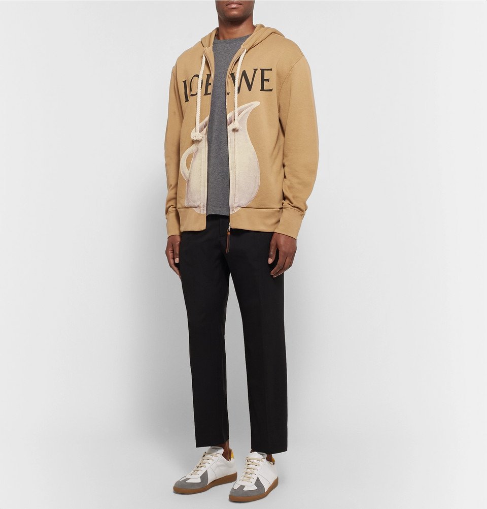 Loewe - Printed Loopback Cotton-Jersey Zip-Up Hoodie - Men - Sand