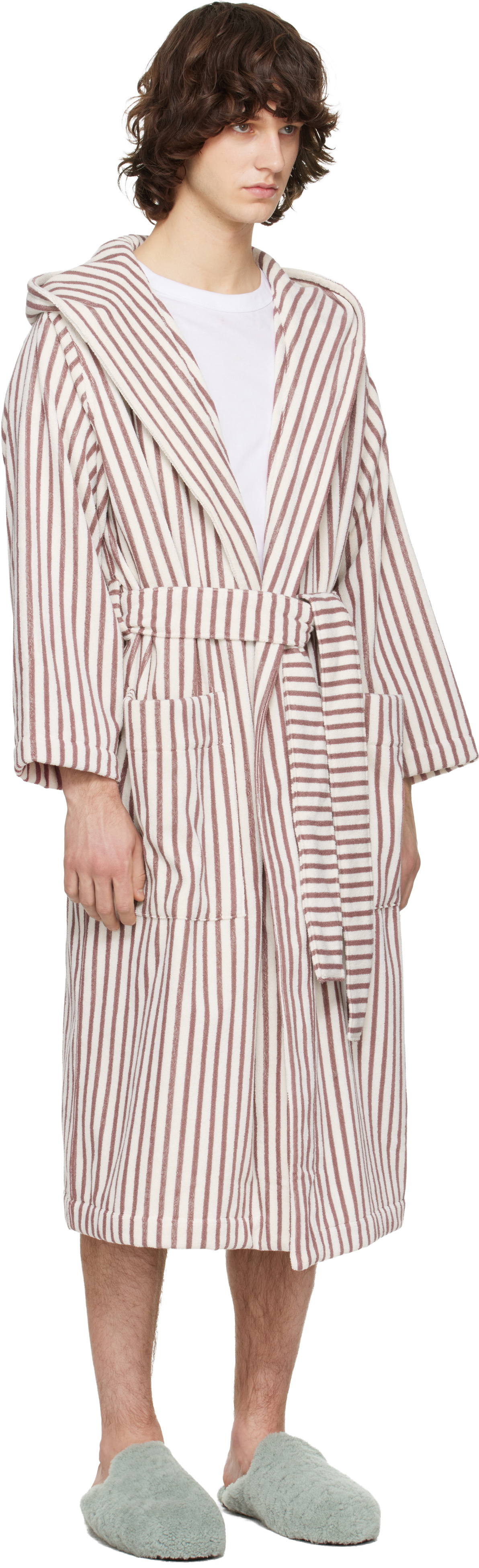 Tekla Off-White & Burgundy Terry Hooded Bathrobe