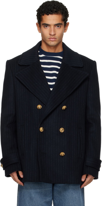 Photo: Balmain Navy Short Striped Wool Pea Coat