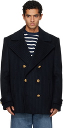 Balmain Navy Short Striped Wool Pea Coat