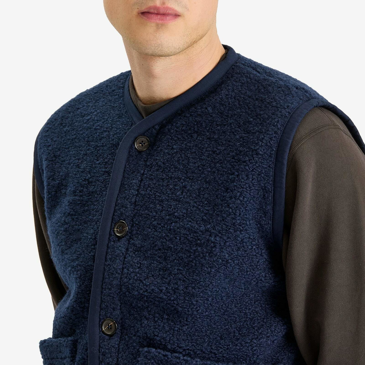 Universal Works Men's Boucle Alvar Fleece Lancaster Gilet in Navy