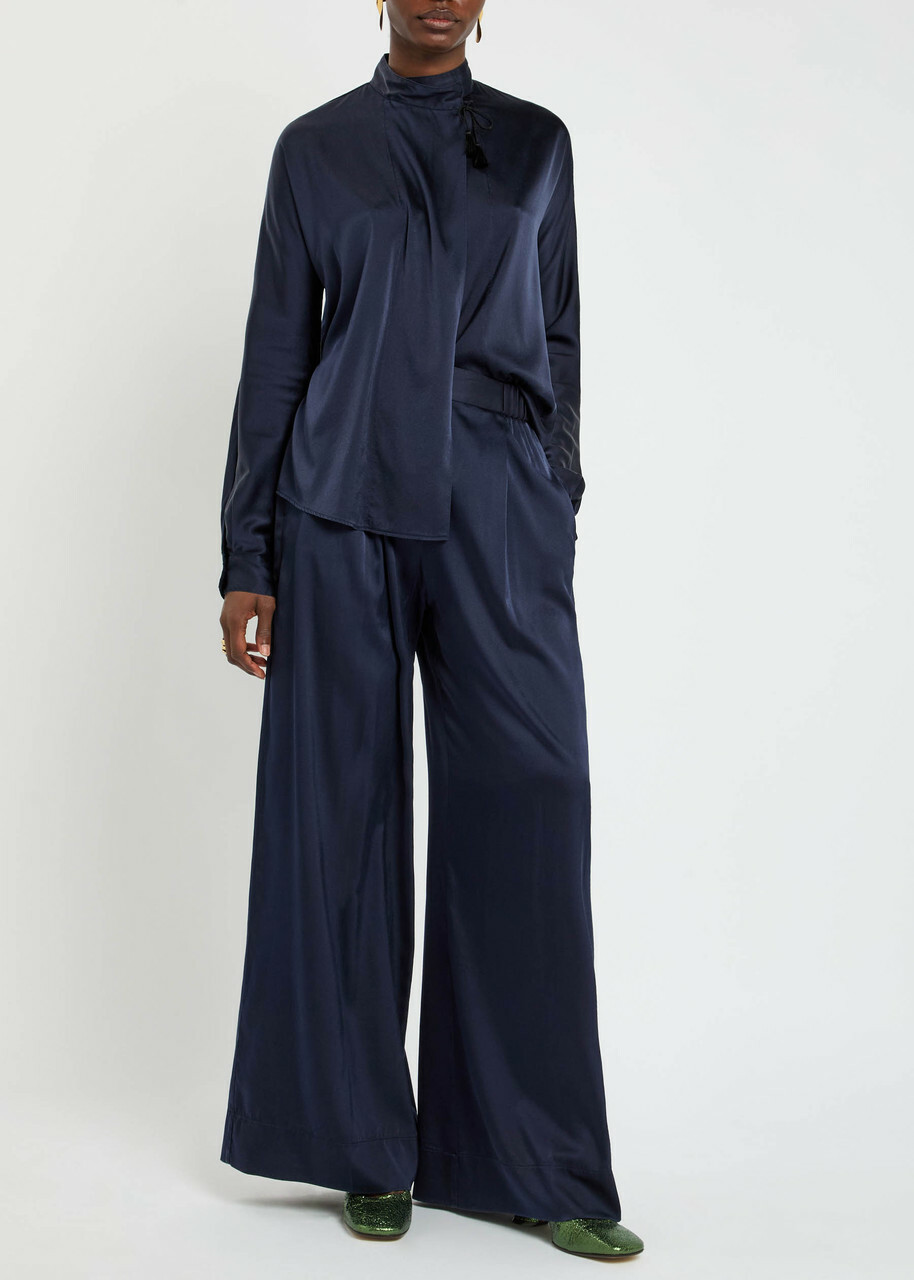 Forte_forte Pleated Stretch-silk Trousers Dark Blue