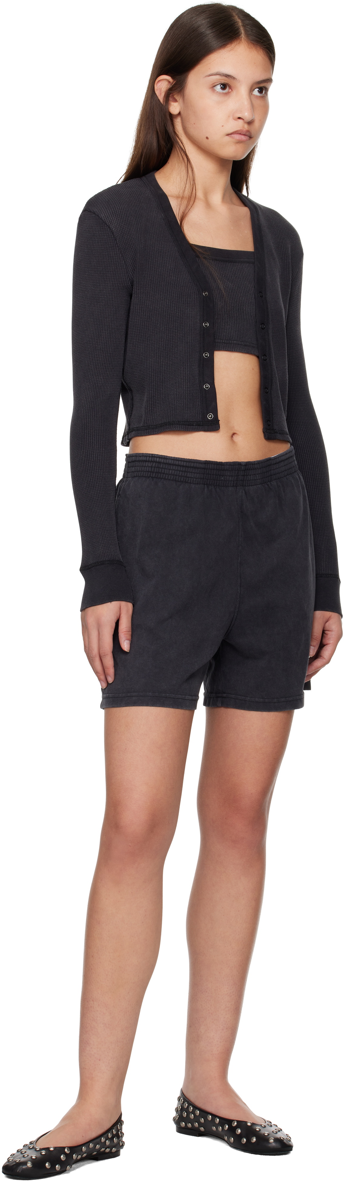 Alexander Wang Black Waffle-Knit Cotton Stretch Cardigan