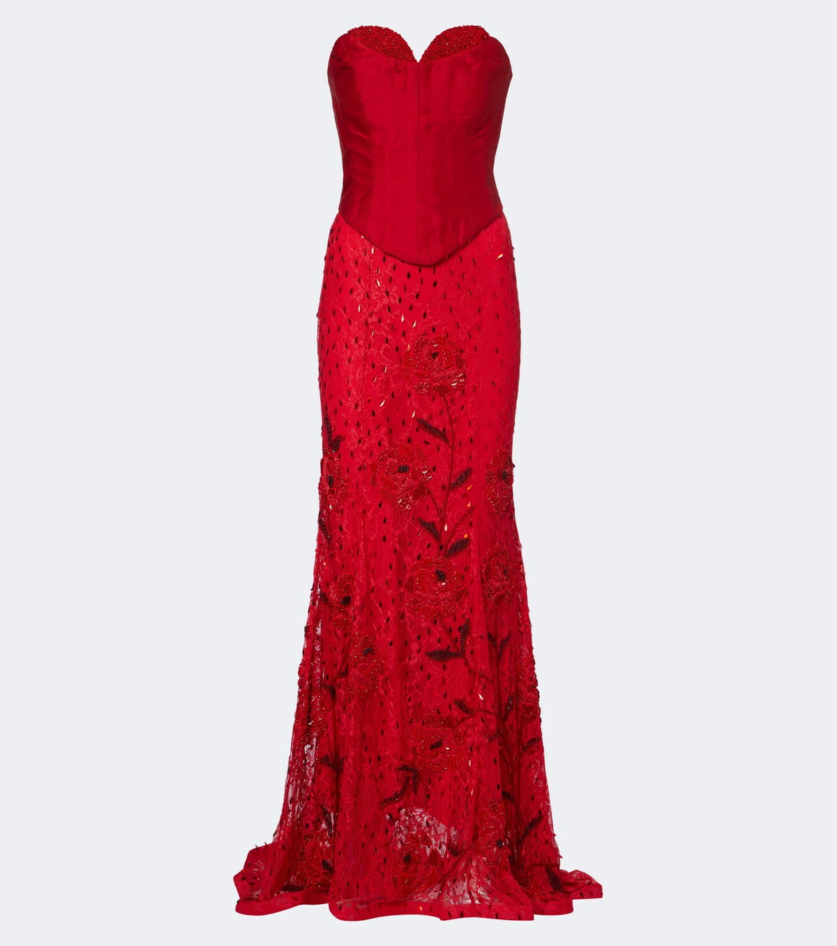 Là Fuori Embellished lace bustier gown