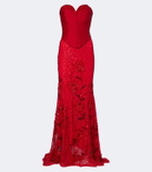 Là Fuori Embellished lace bustier gown