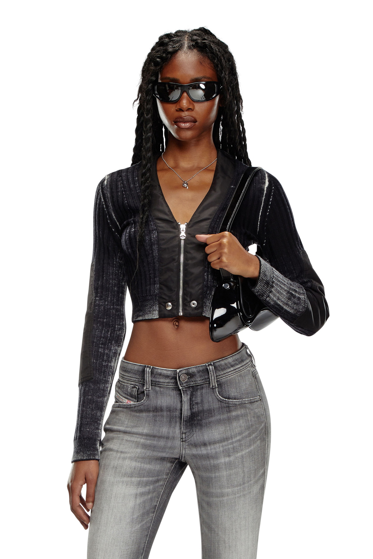 Diesel Cropped wool cardigan with nylon trims - Knitwear Womens in