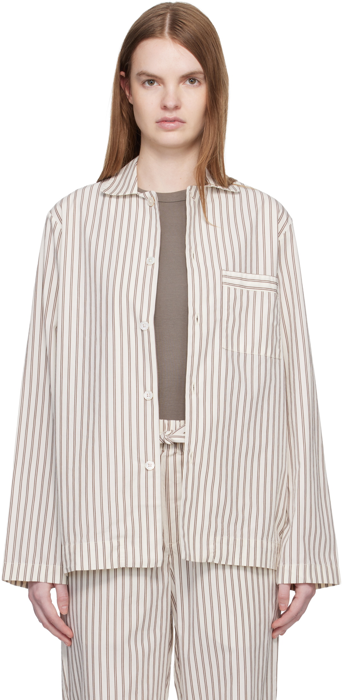 Tekla Off-White & Brown Poplin Long-Sleeved Pyjama Shirt