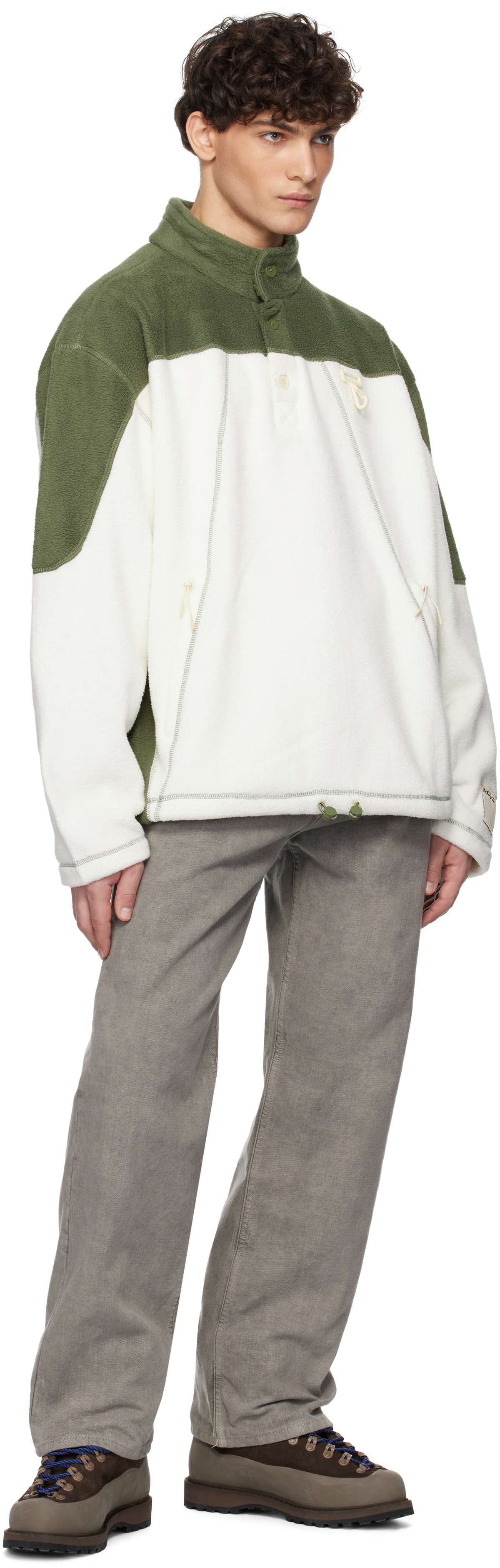 RCOS Off White & Green Sherpa Fleece Collared Jacket