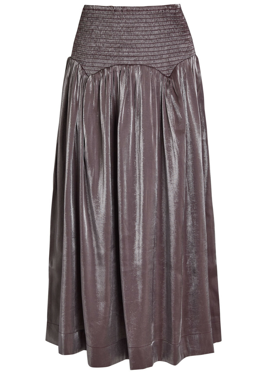 Damson Madder Layla Shirred Pearlescent Satin Midi Ksirt Purple
