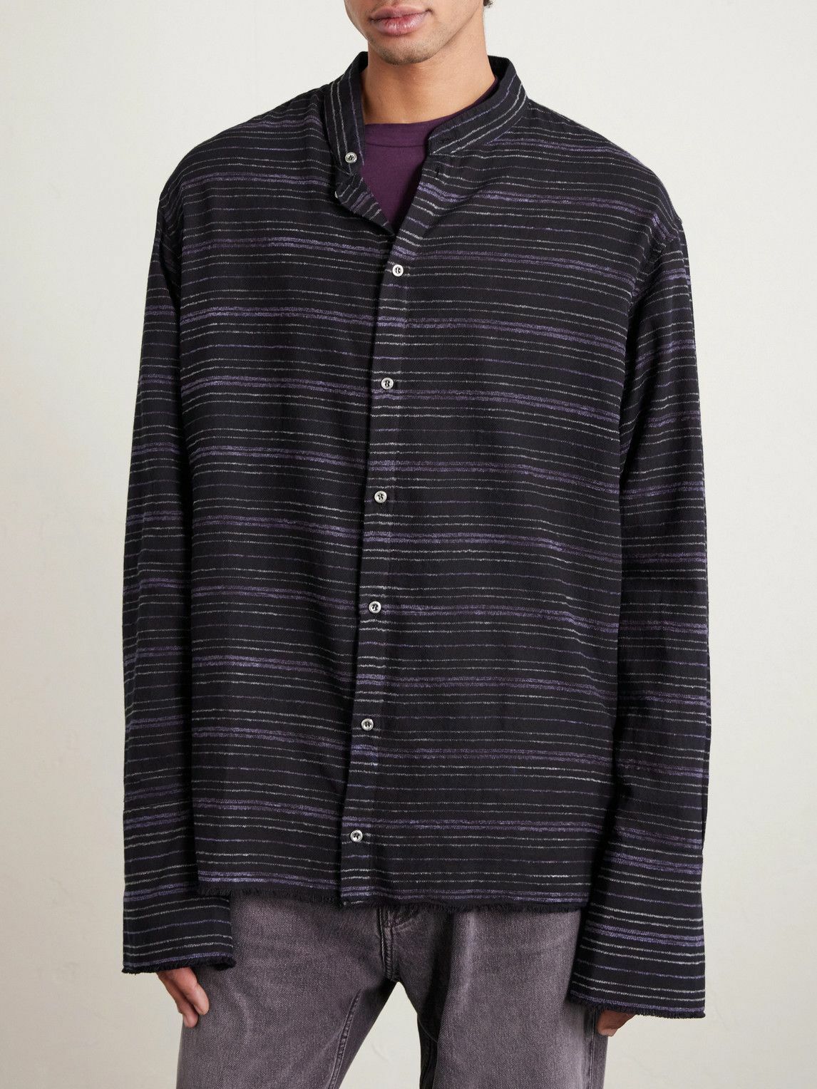 424 - HOORSENBUHS Embroidered Striped Cotton-Blend Flannel Shirt - Black