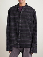 424 - HOORSENBUHS Embroidered Striped Cotton-Blend Flannel Shirt - Black