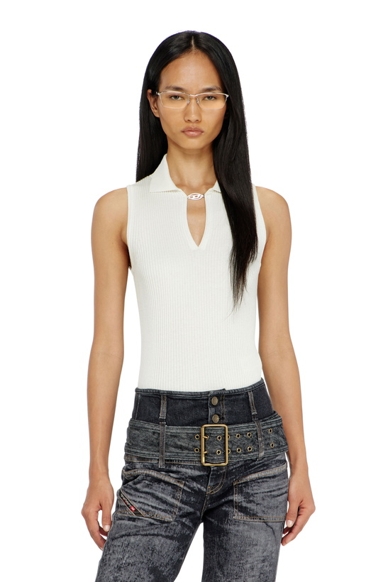 Photo: Diesel Sleeveless rib-knit polo top in silk blend - T-Shirts Womens in White
