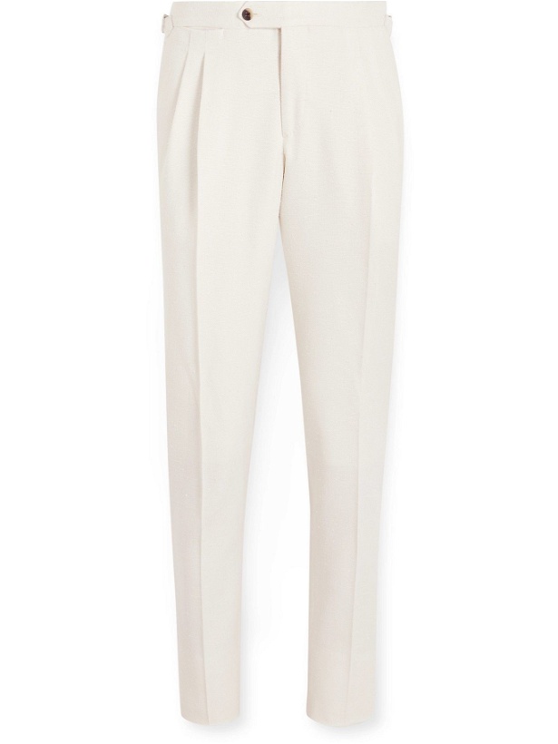 Photo: THOM SWEENEY - Slim-Fit Tapered Pleated Textured Silk and Wool-Blend Suit Trousers - White