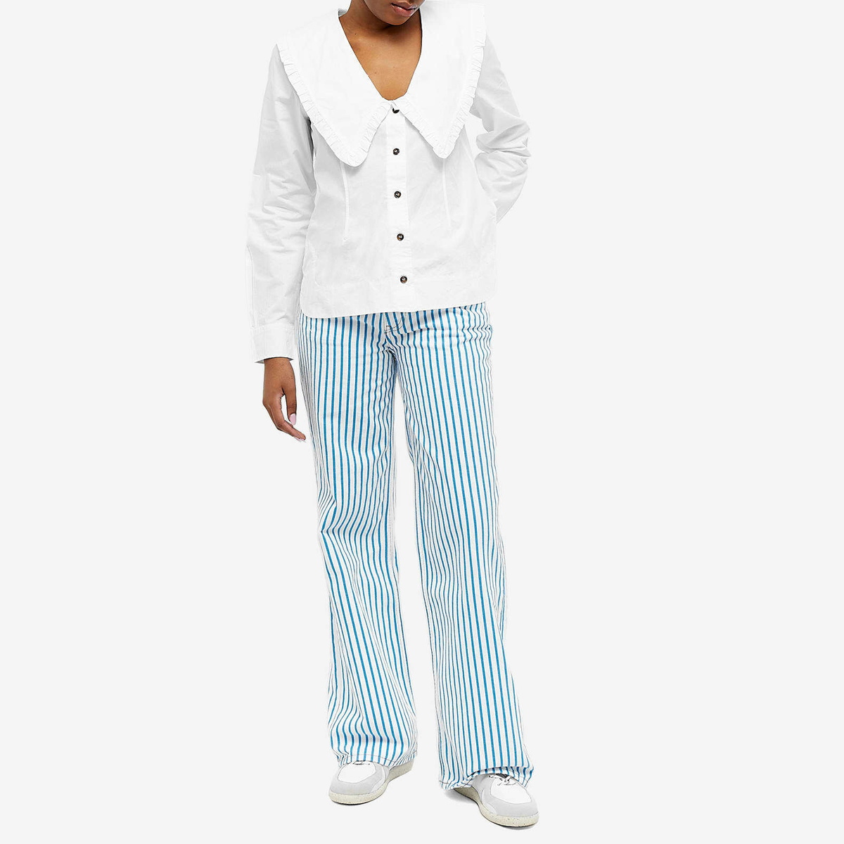 Bright White Cotton Poplin V-neck Frill Collar Shirt | GANNI US