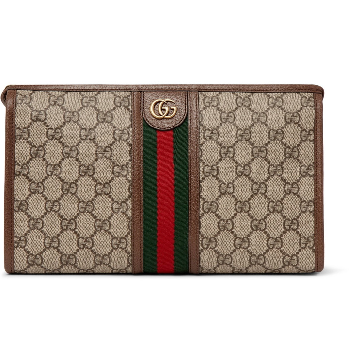 Photo: Gucci - Ophidia Leather and Webbing-Trimmed Logo-Jacquard Coated-Canvas Wash Bag - Brown