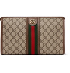 Gucci - Ophidia Leather and Webbing-Trimmed Logo-Jacquard Coated-Canvas Wash Bag - Brown