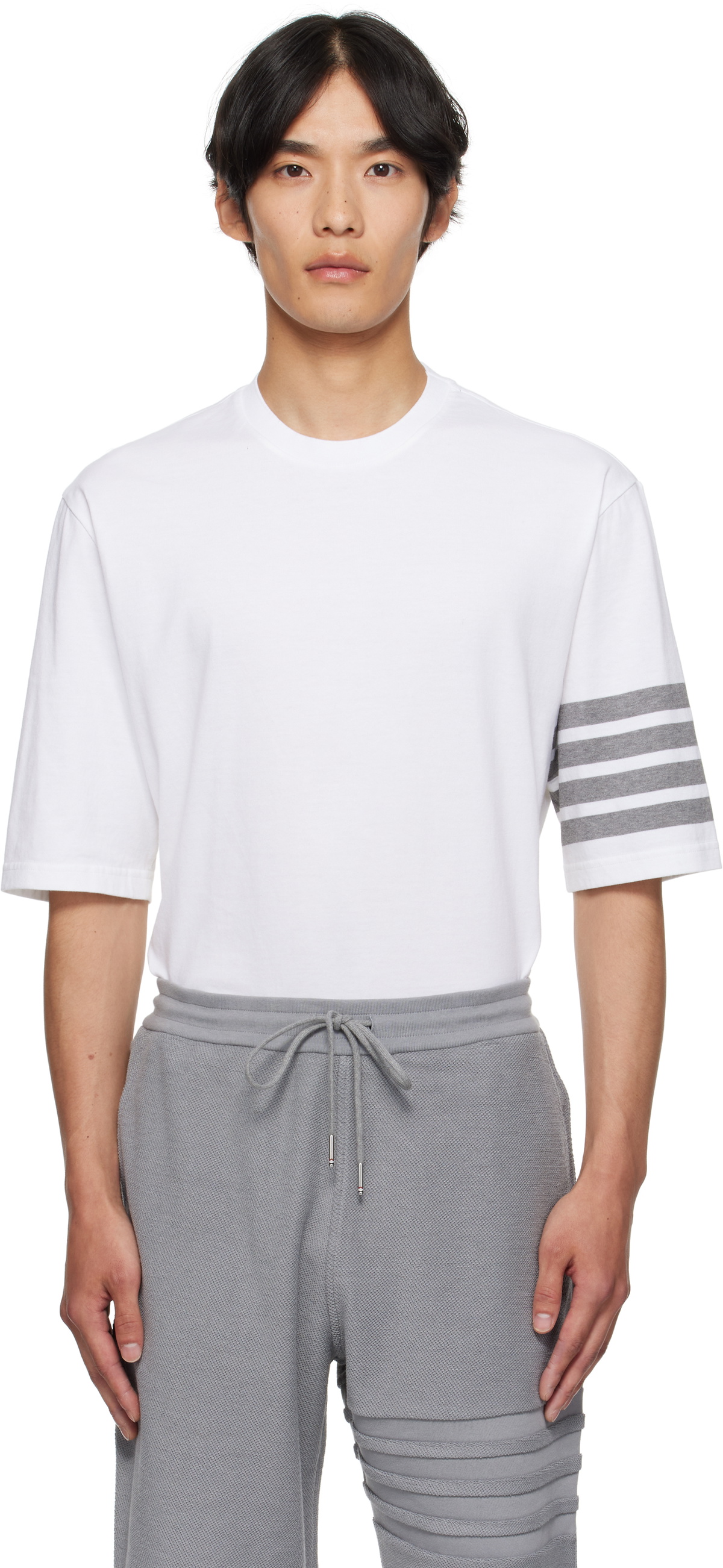 Thom Browne Men's Tricolor Stripe T-Shirt in White Thom Browne Thom Browne Men's Tricolor Stripe T-Shirt in White Thom Browne
