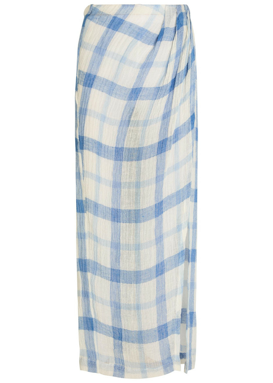 Lisa Marie Fernandez Checked Linen-blend Sarong Skirt Blue And White