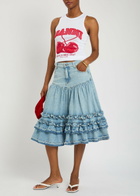 Ganni Frill Tiered Denim Midi Skirt Light Blue