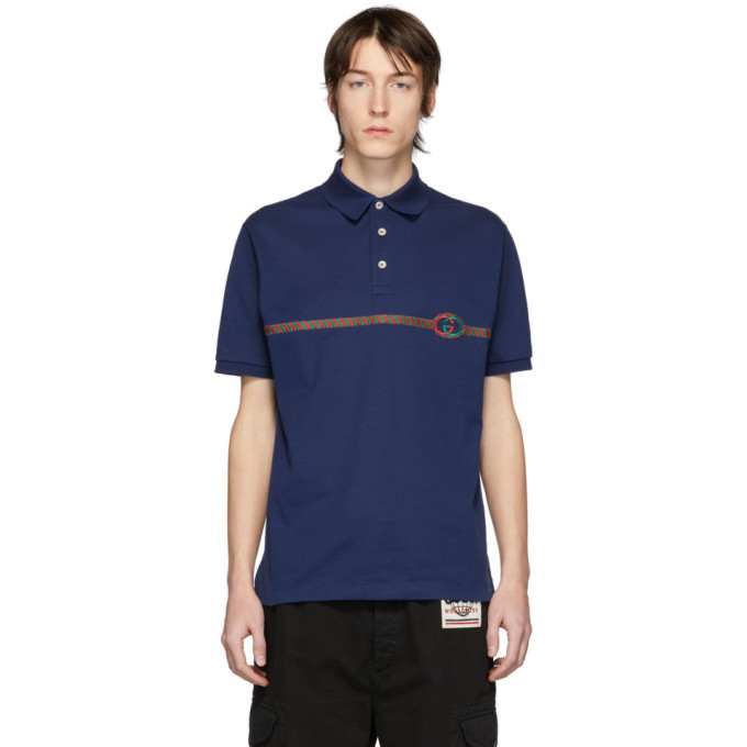 Dark Blue Cotton Piquet GG Stretch Polo