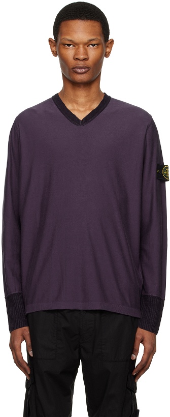 Photo: Stone Island Purple V-Neck Long Sleeve T-Shirt