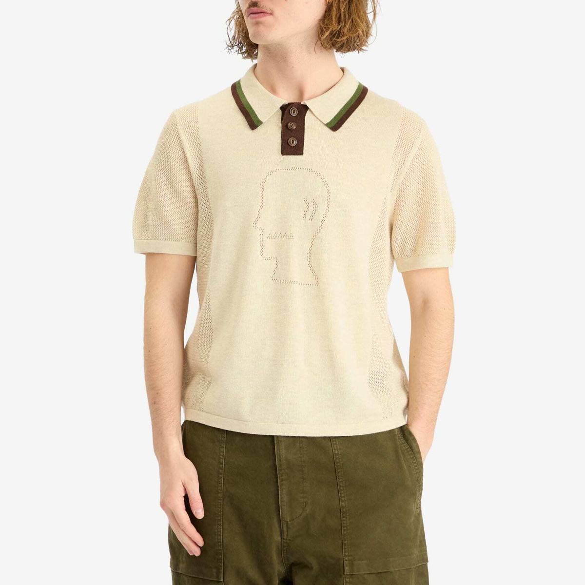 Brain Dead Men's Logo Head Knit Polo in Natural