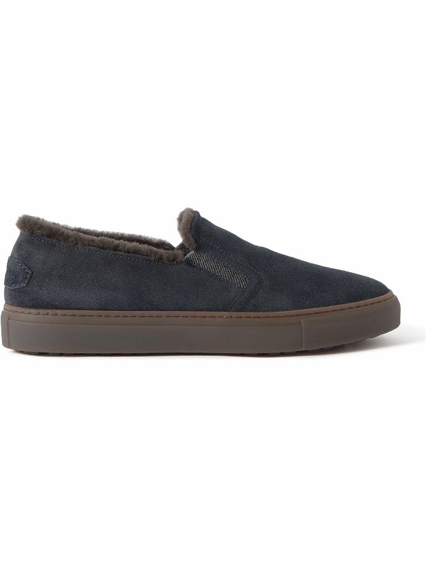 Photo: Brioni - Shearling-Lined Suede Slip-On Sneakers - Blue
