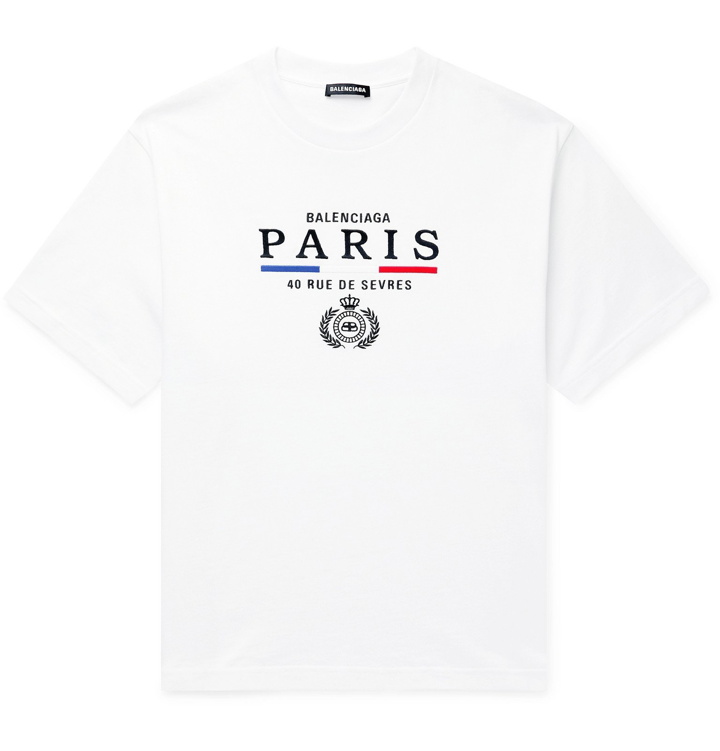 Photo: Balenciaga - Paris Flag Logo-Embroidered Cotton-Jersey T-Shirt - White