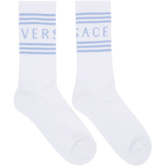 Photo: Versace White and Blue 1990s Vintage Logo Socks