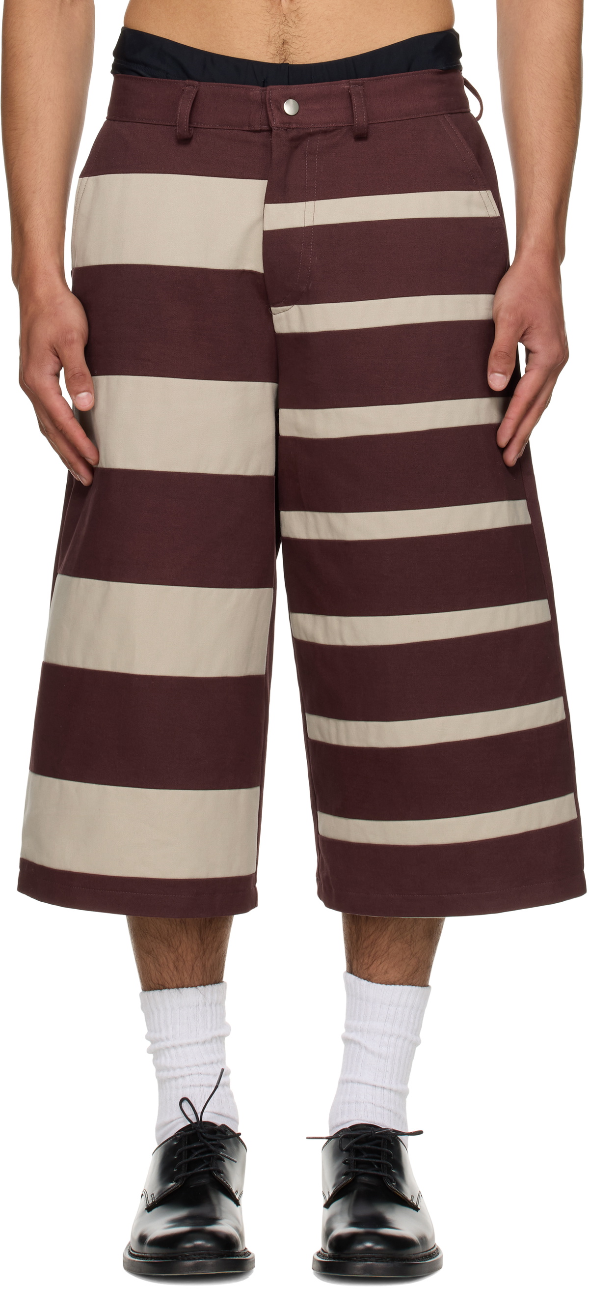 Stanley Raffington SSENSE Exclusive Burgundy & Beige Contrast Stripe Bermuda Shorts