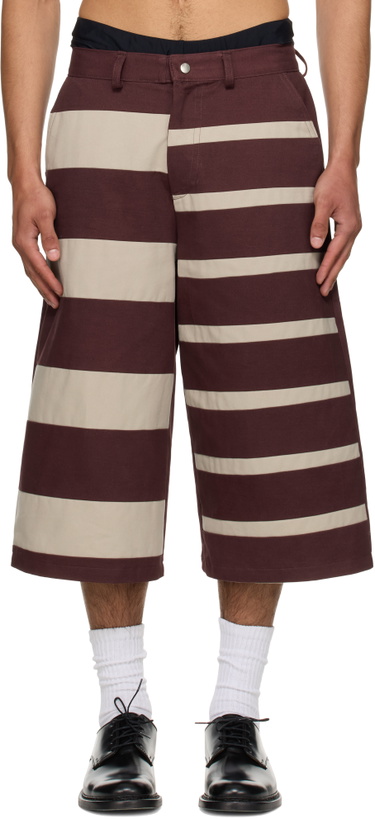 Photo: Stanley Raffington SSENSE Exclusive Burgundy & Beige Contrast Stripe Bermuda Shorts