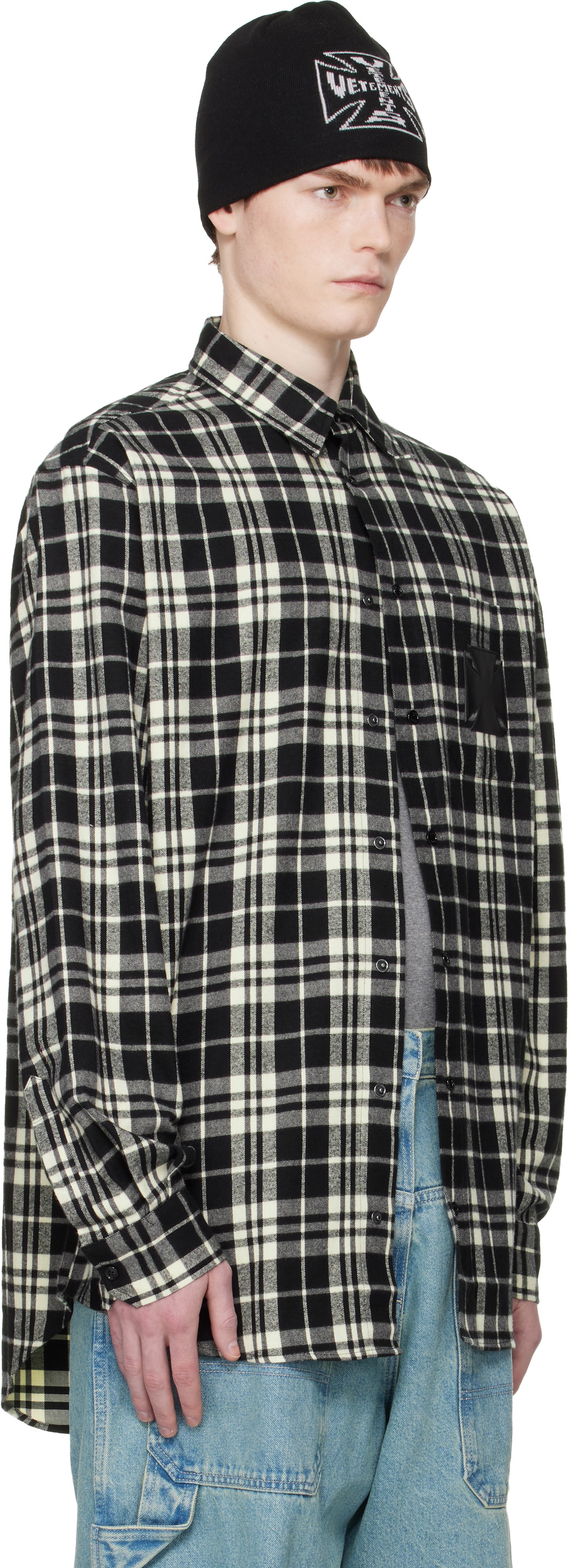 VETEMENTS Black & White Leather Cross Flannel Shirt