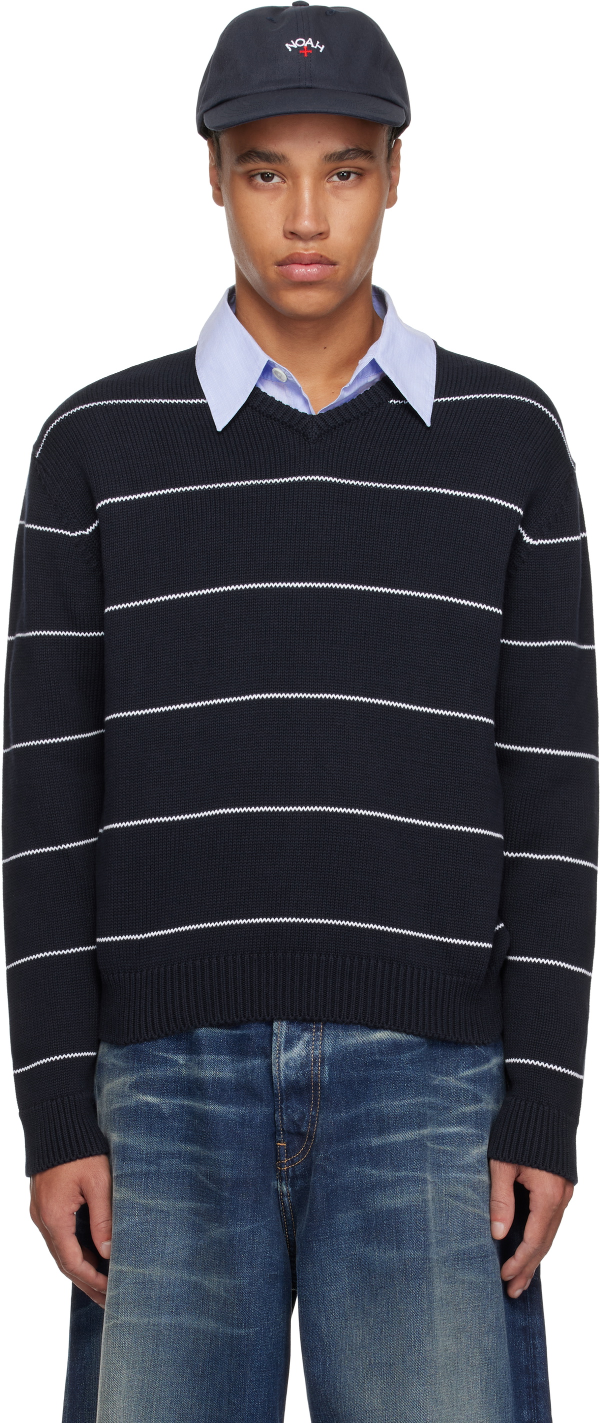 Noah Navy adidas Originals Edition V-Neck Sweater Noah NYC
