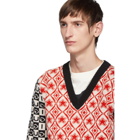 Gucci Red and Black Wool Jacquard V-Neck Sweater