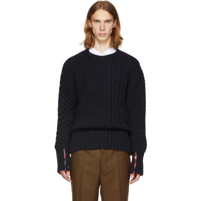 Photo: Thom Browne Navy Fun Mix Chunky Cable Knit Crewneck Sweater