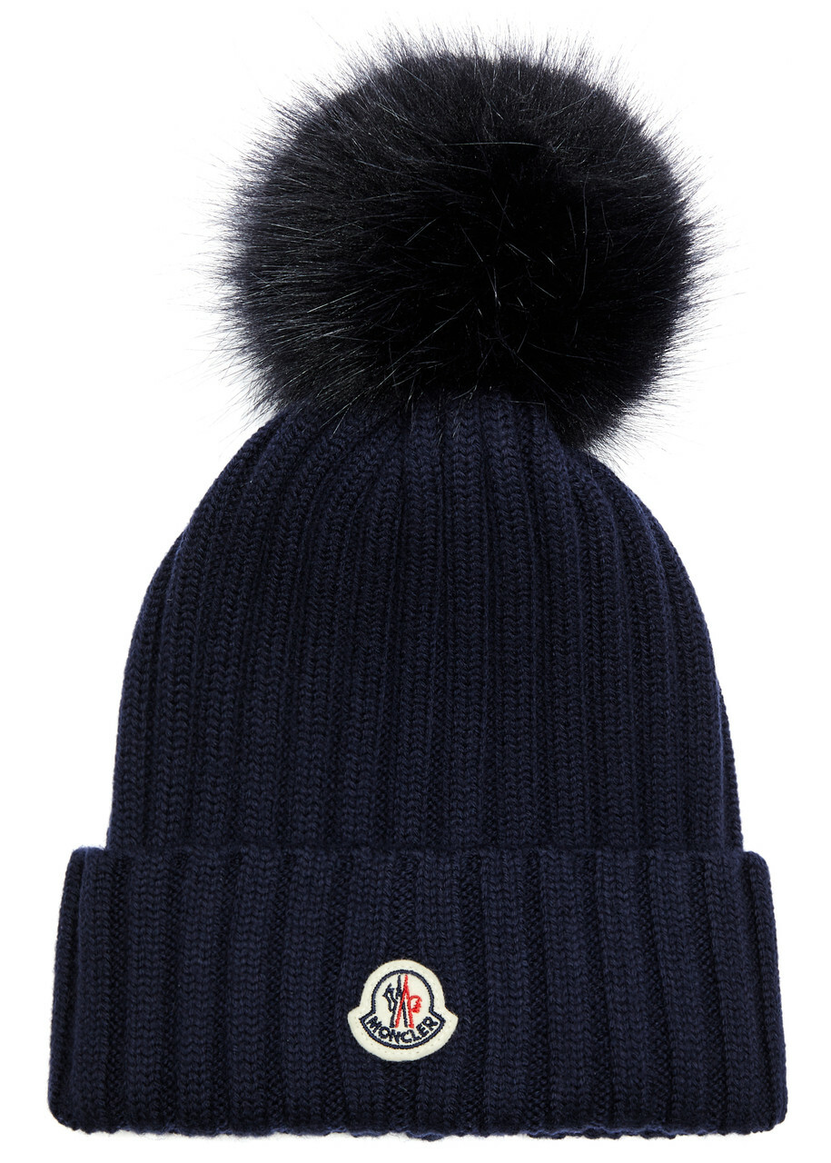 Moncler Dark Blue Knit Beanie with Pom-Pom MONCLER Wool pom pon Hat BLACK | Base Blu main image 4