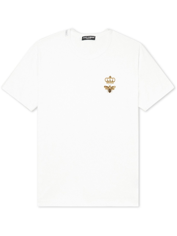 Photo: DOLCE & GABBANA - Embroidered Cotton-Jersey T-Shirt - White