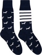 Thom Browne Navy Cotton 4-Bar Hector Mid Calf Socks
