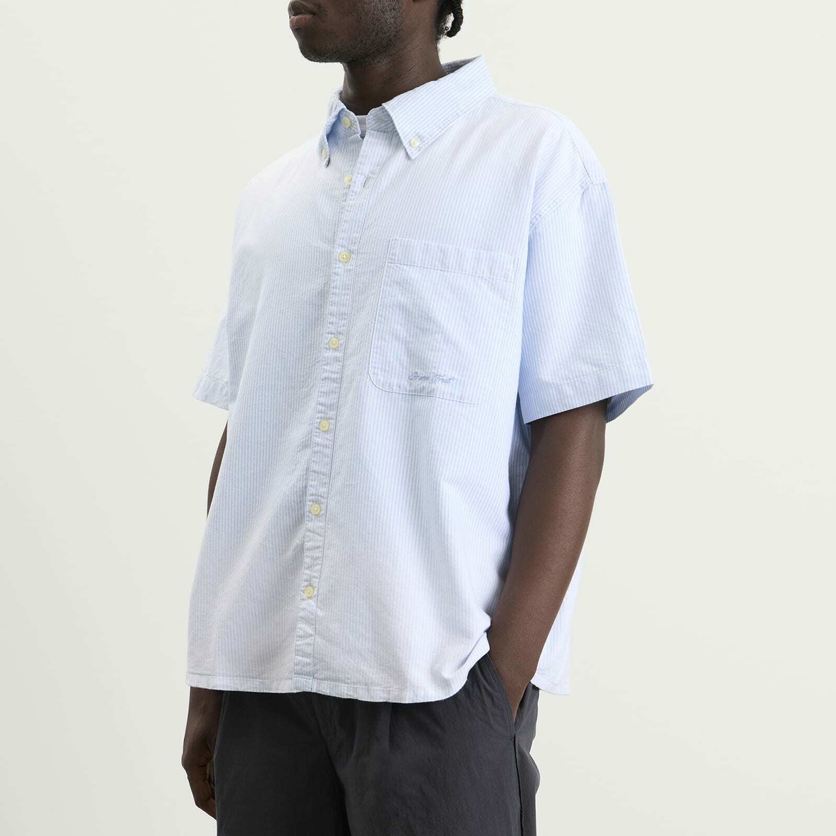 Bram's Fruit Men's Distressed Oxford Shortsleeve Shirt in Light Blue