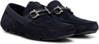 Ferragamo Navy Gancini Ornament Driver Loafers