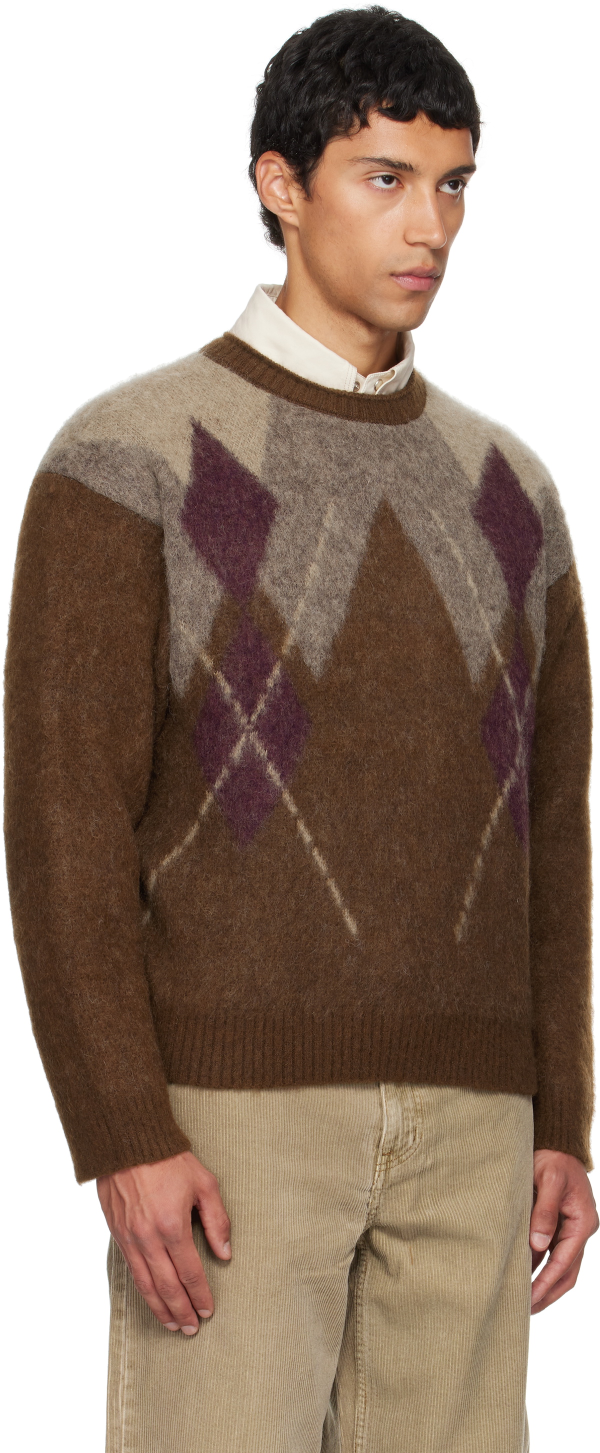 COOR Brown Hairy Mixed Argyle Crewneck Sweater