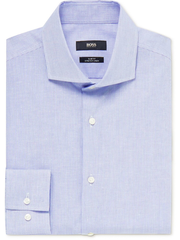 Photo: HUGO BOSS - Jason Cutaway-Collar Pinstriped Cotton and Linen-Blend Shirt - Blue