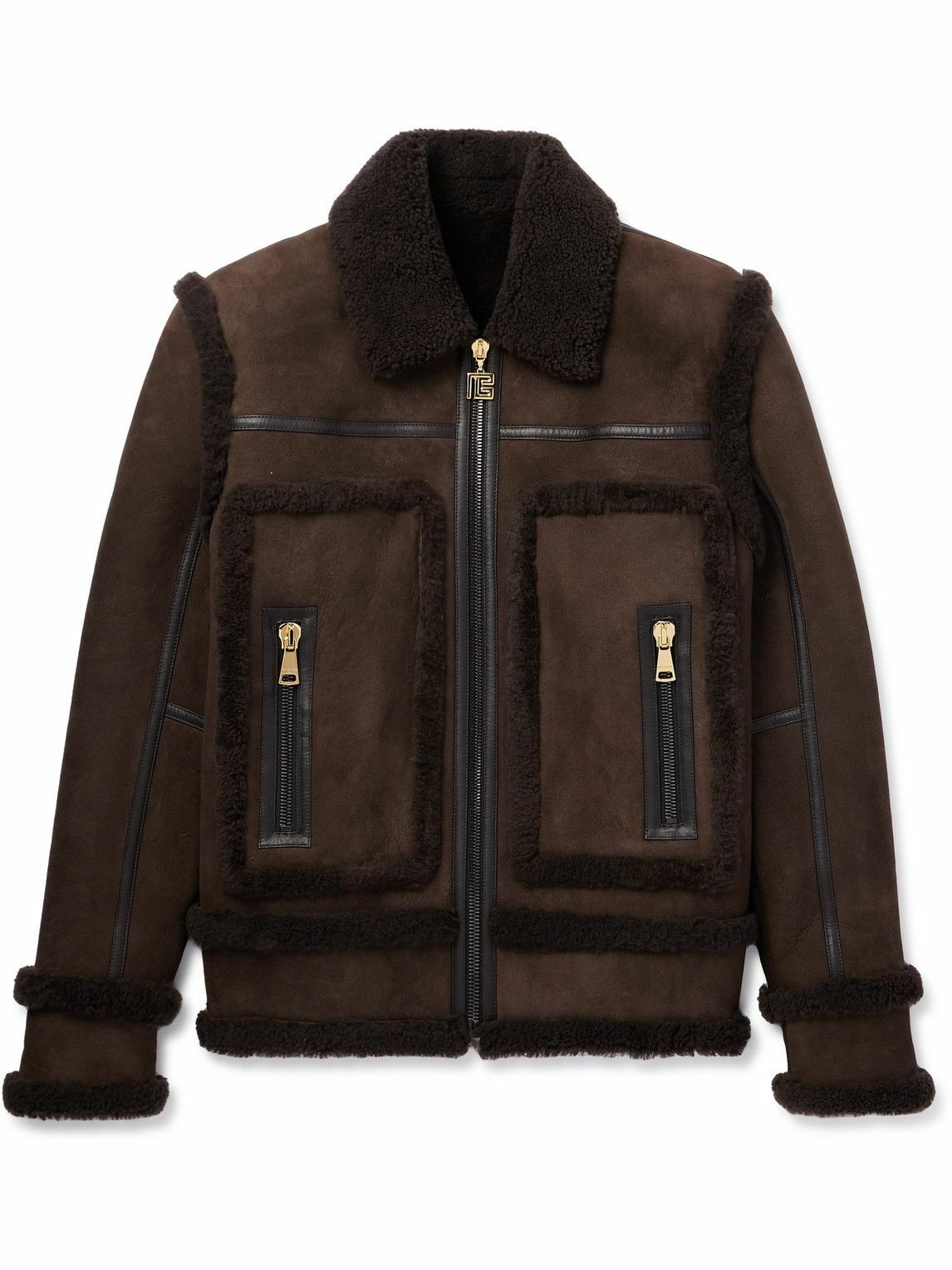 Photo: Balmain - Leather-Trimmed Shearling Jacket - Brown