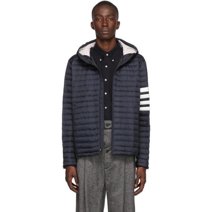 Photo: Thom Browne Navy Down 4-Bar Quilted Hooded Jacket