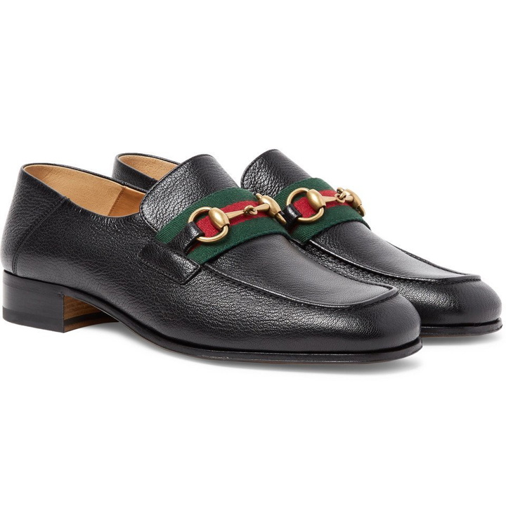 Photo: Gucci - Bonny Horsebit Collapsible-Heel Webbing-Trimmed Full-Grain Leather Loafers - Men - Black
