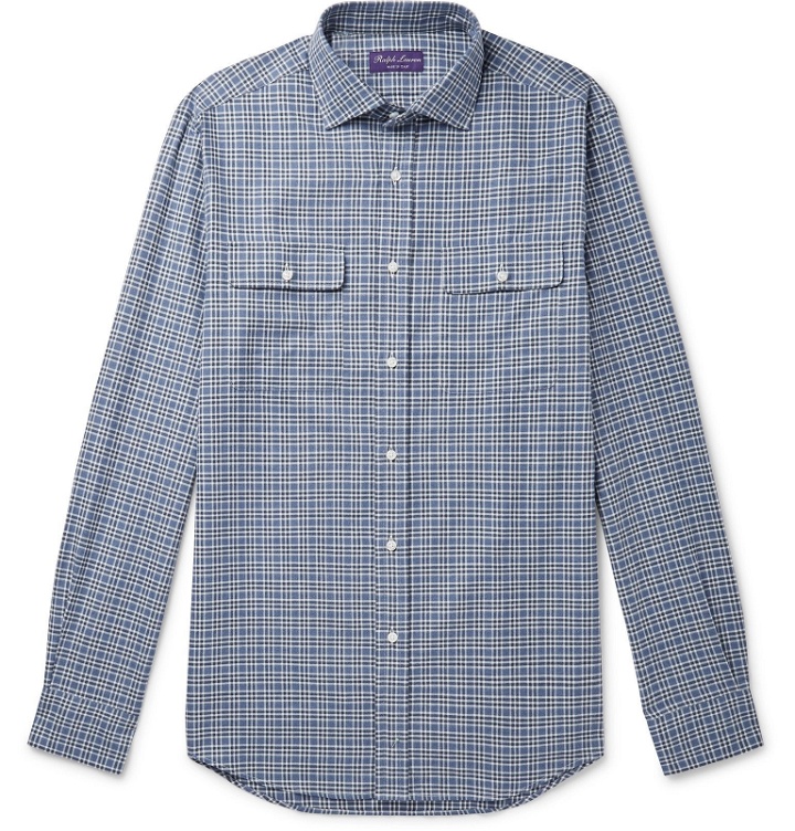 Photo: Ralph Lauren Purple Label - Cutaway-Collar Checked Brushed Herringbone Cotton Shirt - Blue