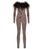 Oseree - Feather-trimmed mesh jumpsuit
