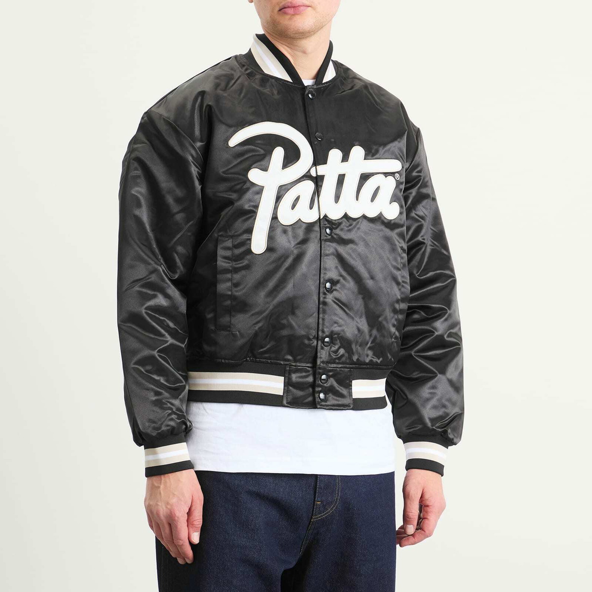 Patta Men's Script Logo Satin Varsity Jacket in Black