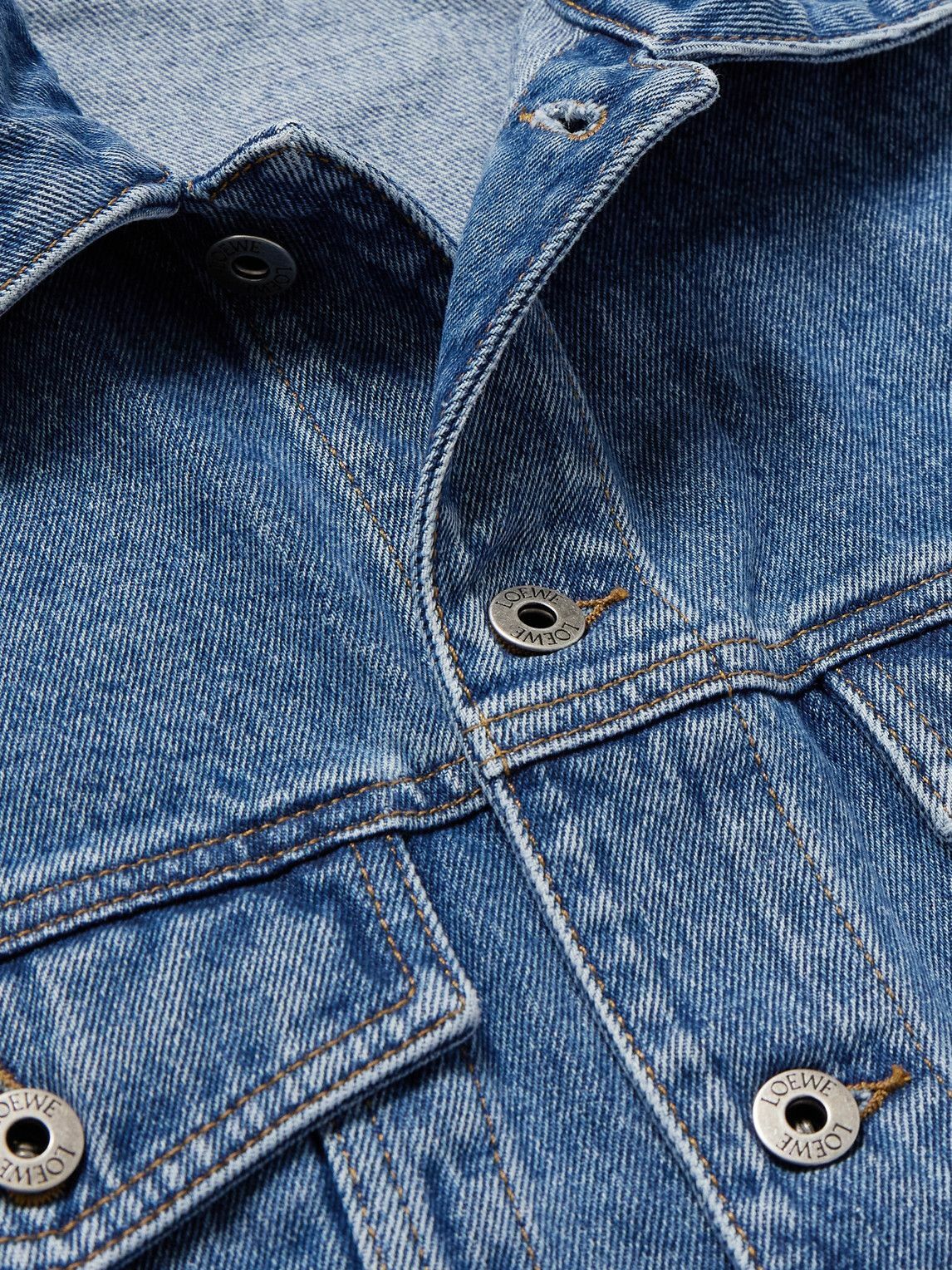 LOEWE - Anagram Leather-Trimmed Embroidered Denim Trucker Jacket - Blue