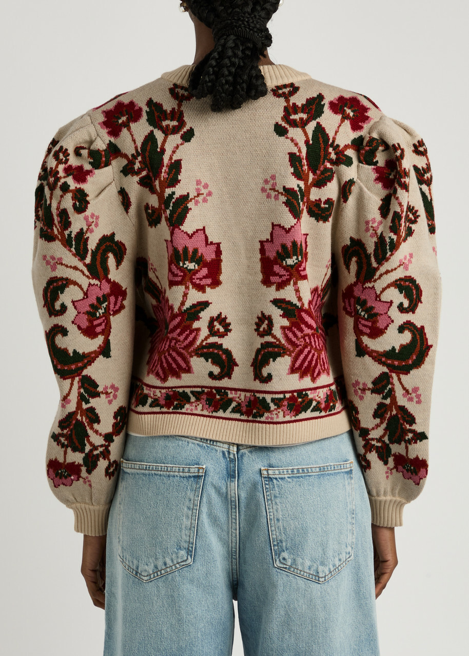 Farm Rio Ravenala Floral-intarsia Knitted Cardigan Cream